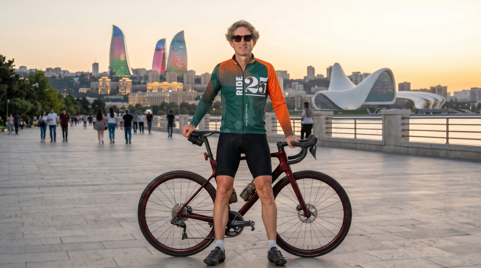 Ride25 rider on the Baku promenade with the Flame Towers behind