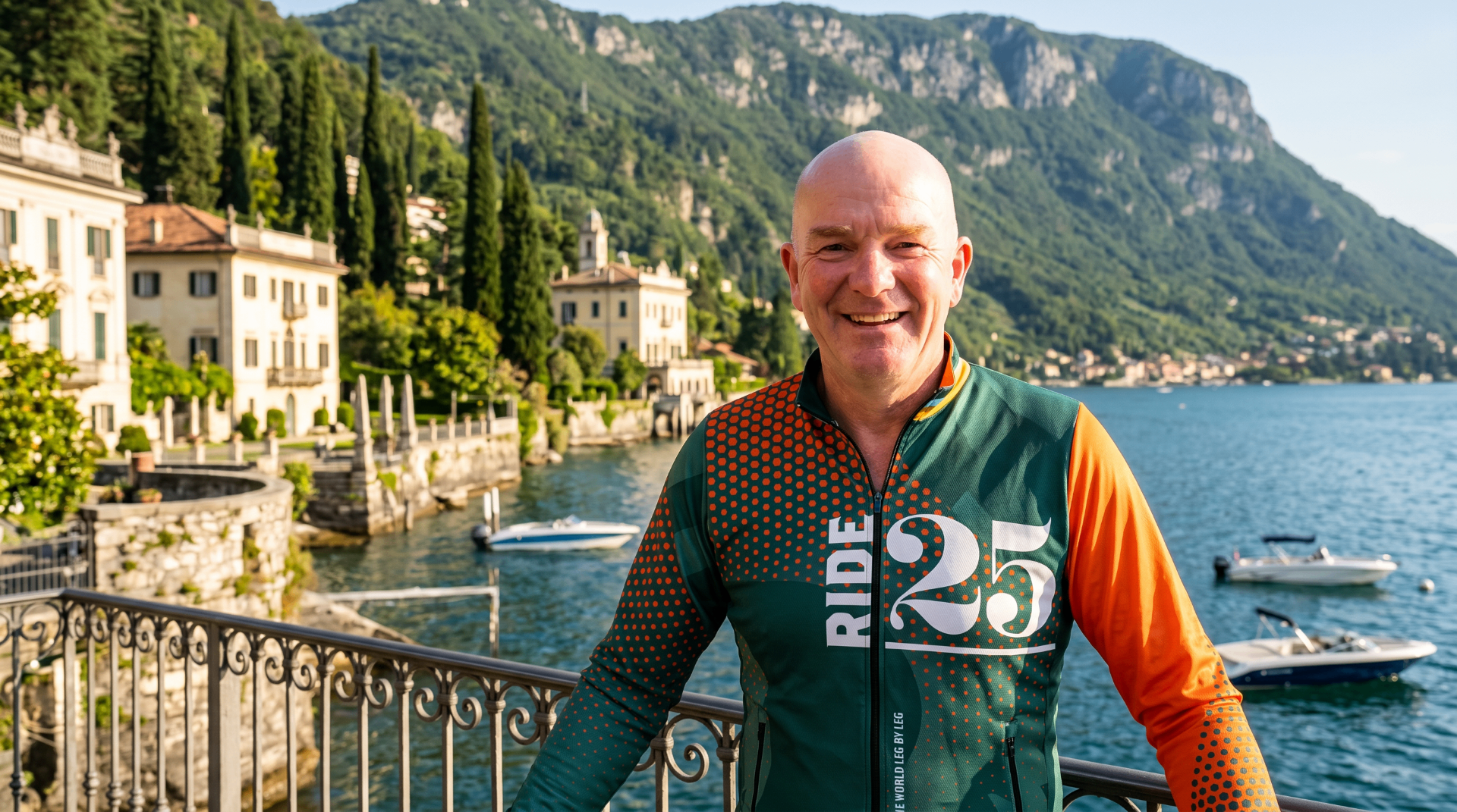Smiling Ride25 rider in a Ride25 jersey on a villa terrace overlooking Lake Como