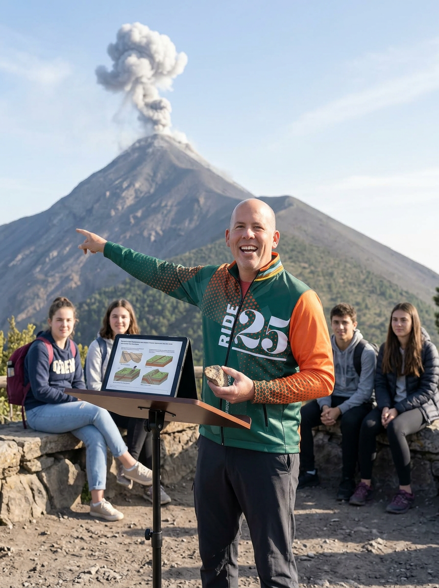 Ride25 rider in Georgia teaching a group with an erupting volcano behind