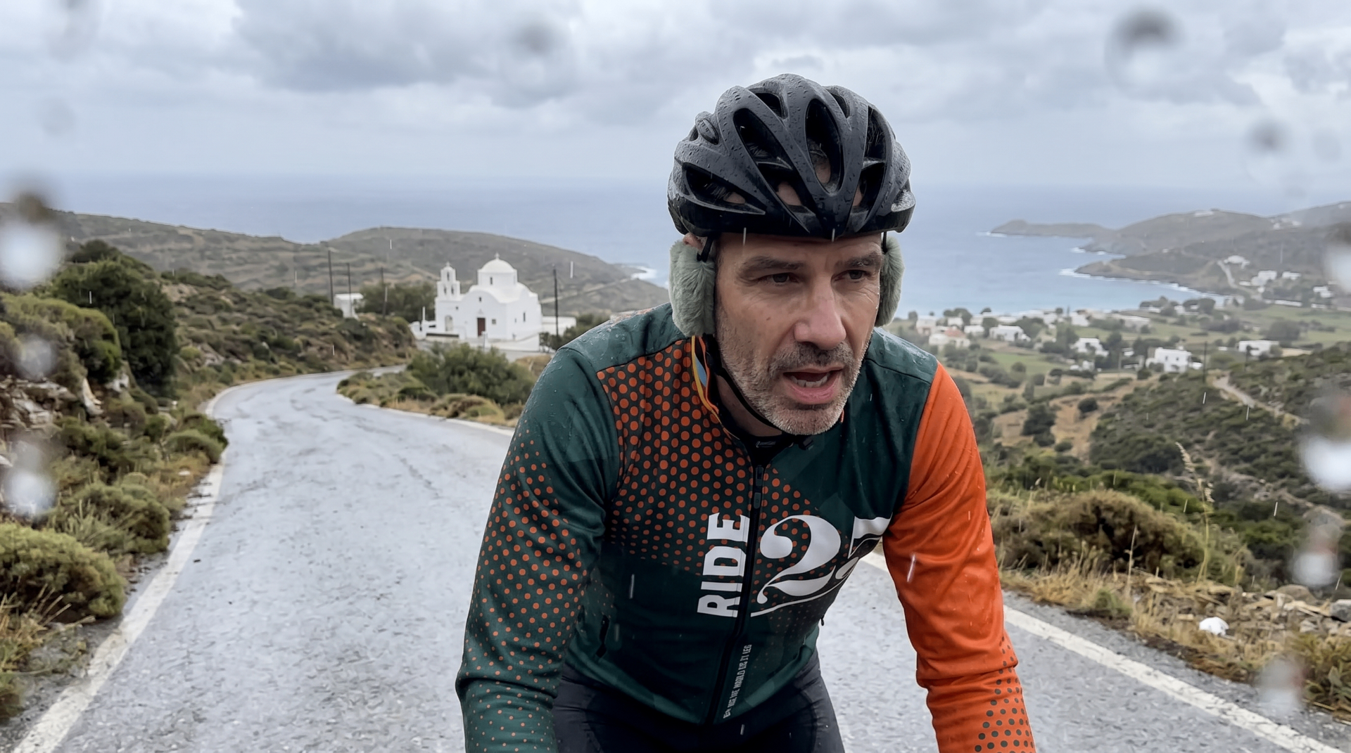 Ride25 rider on a wet mountain road in Greece