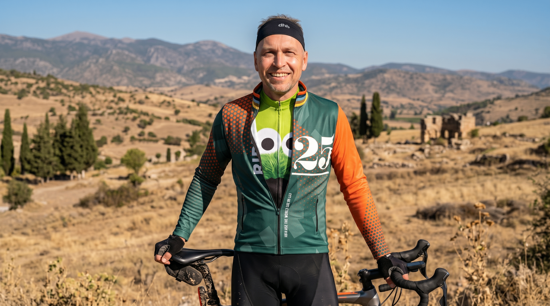 Ride25 rider smiling with bike in the hills above Hierapolis, Turkey