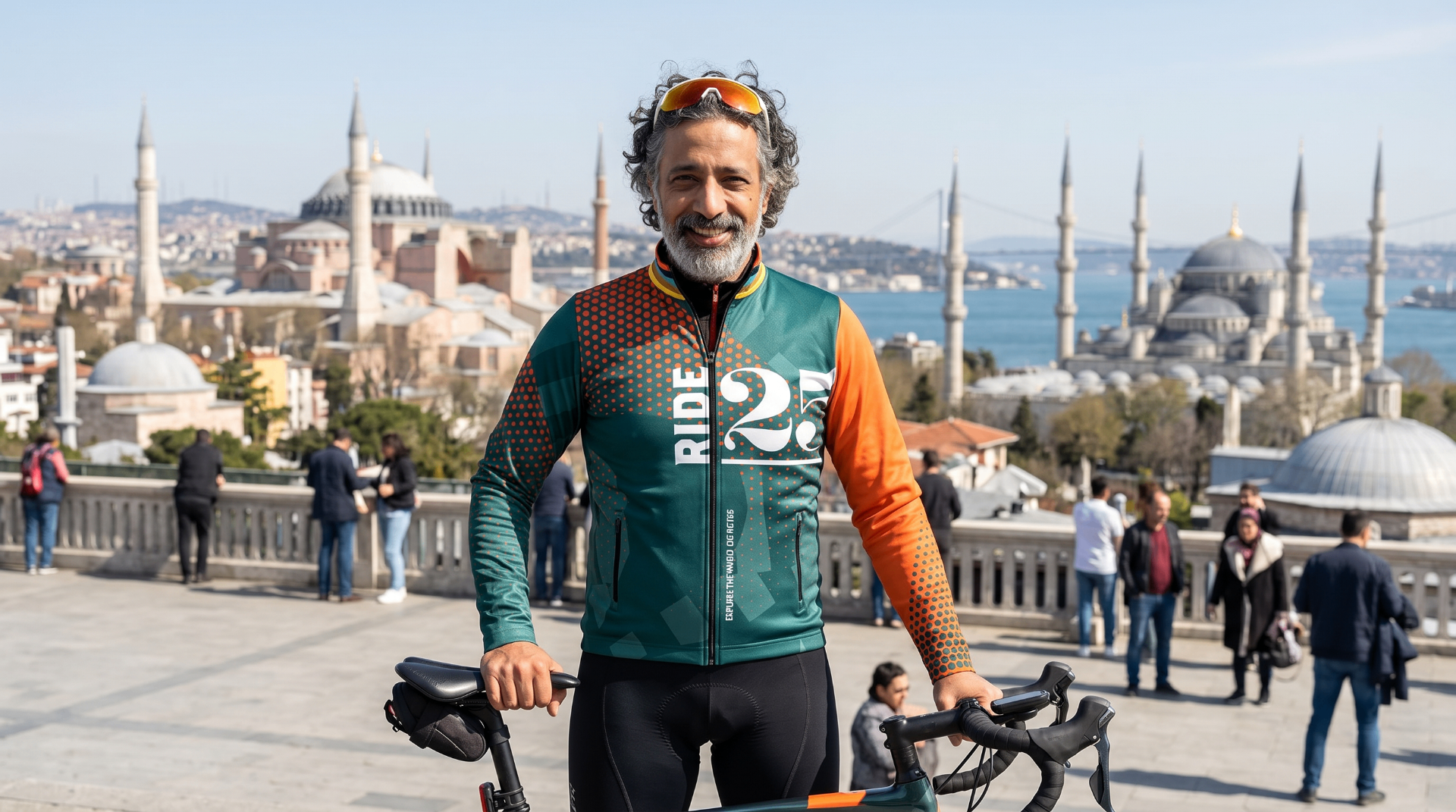 Ride25 rider in Istanbul with Hagia Sophia behind