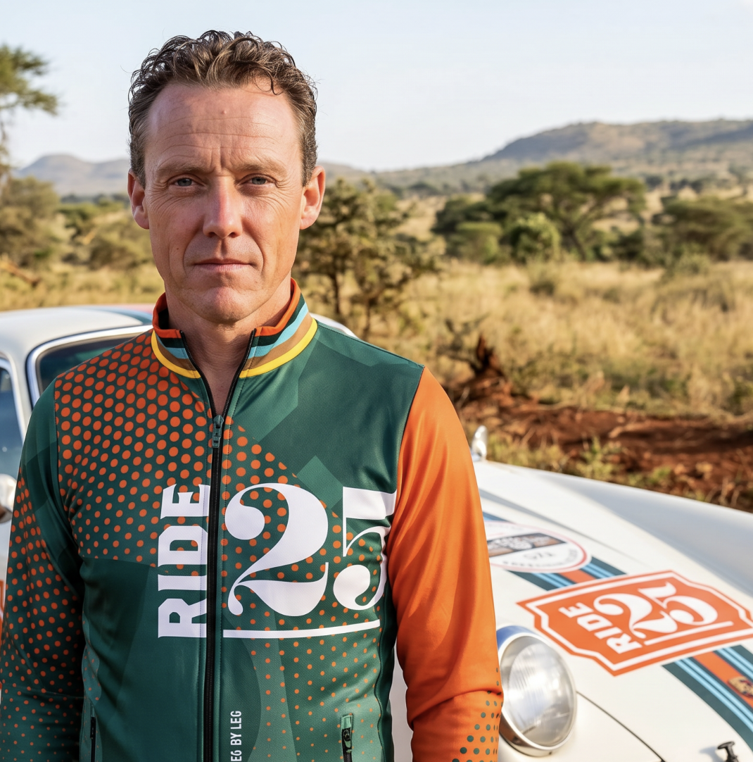 Ride25 rider in a Ride25 jersey standing beside a rally Porsche 911 on the Kenyan savannah