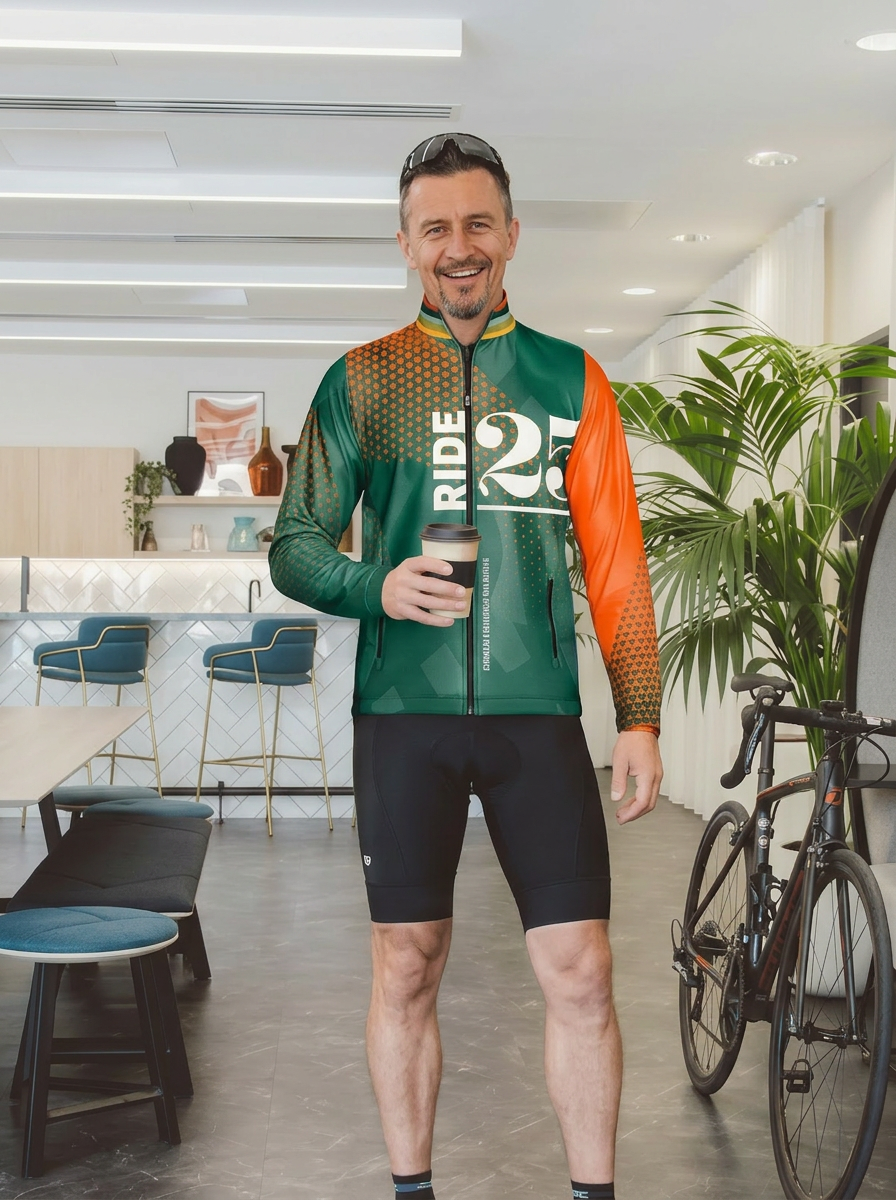 Ride25 rider in Ride25 jersey holding a coffee in a modern London office