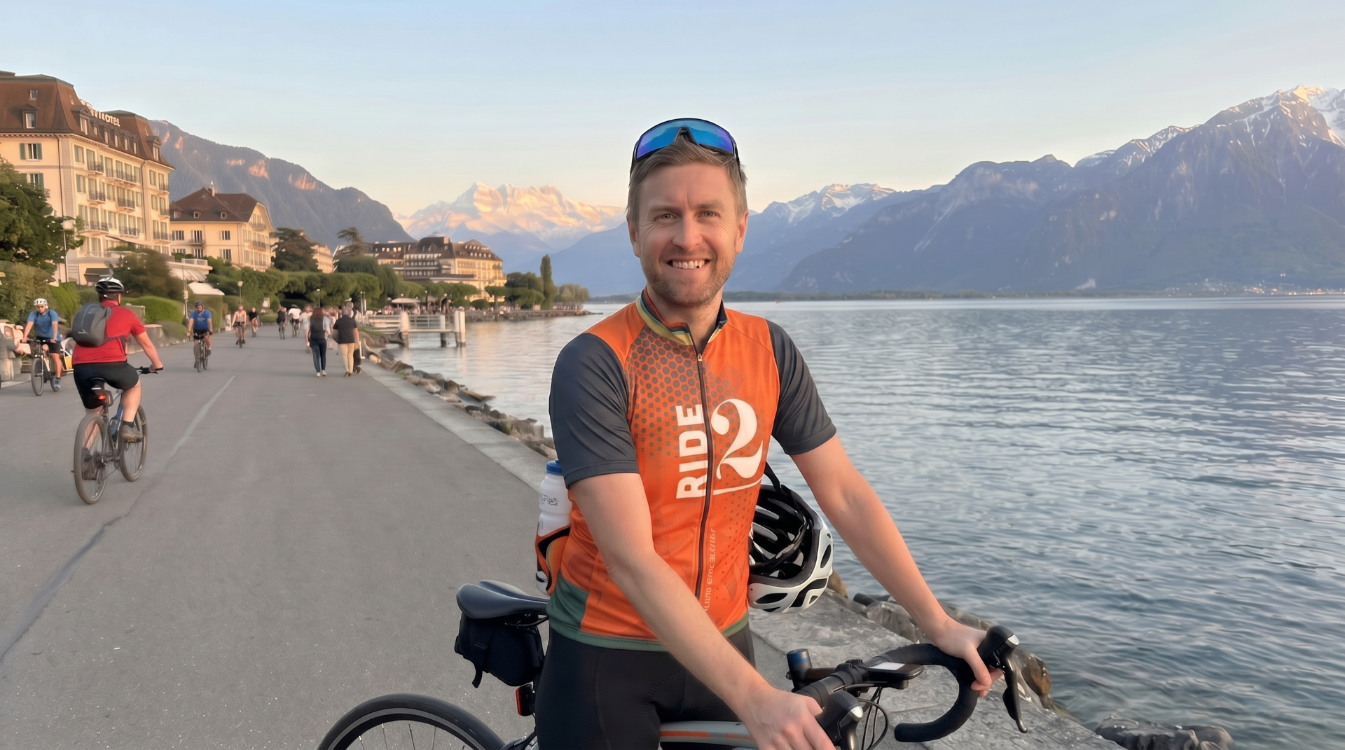 Ride25 rider on the Lake Geneva promenade