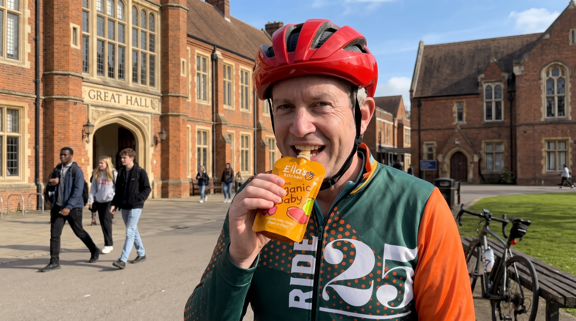 Ride25 rider in a Ride25 jersey holding an Ella's Kitchen organic baby food box outside the University of Reading