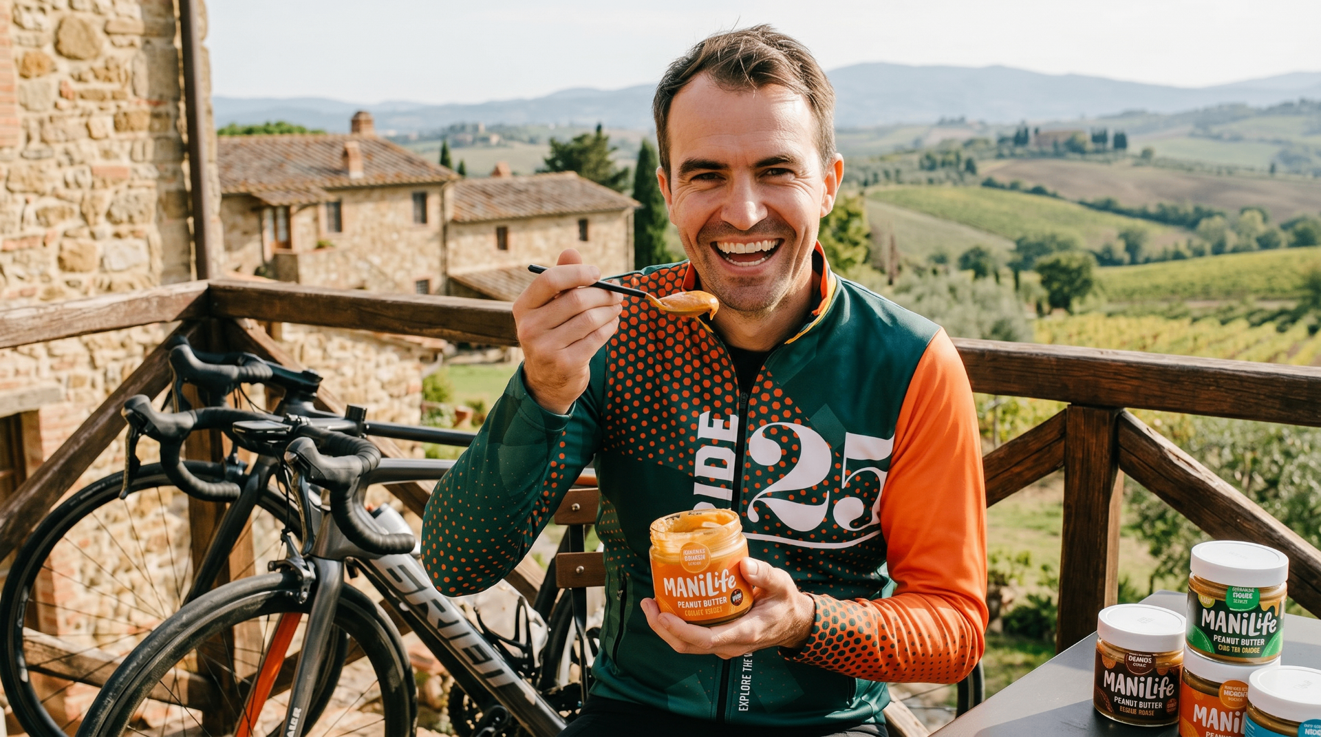 Ride25 rider in a Ride25 jersey enjoying ManiLife peanut butter on a balcony overlooking the Tuscan hills, road bike beside him