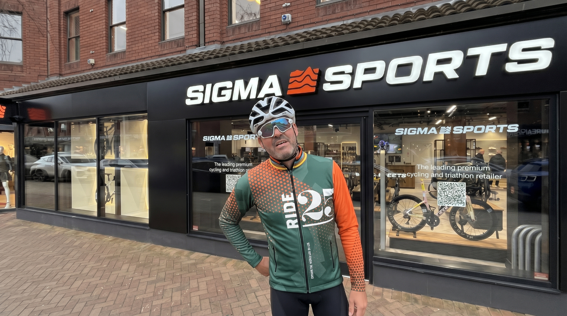 Ride25 rider outside Sigma Sports cycling store in London