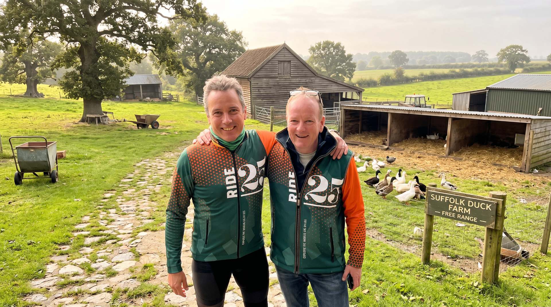 Two Ride25 riders in Suffolk standing arm in arm outside Suffolk Duck Farm